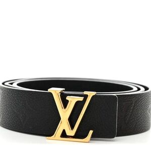Authentic New Louis Vuitton Black Leather Belt with Gold LV Buckle size 85 or 34